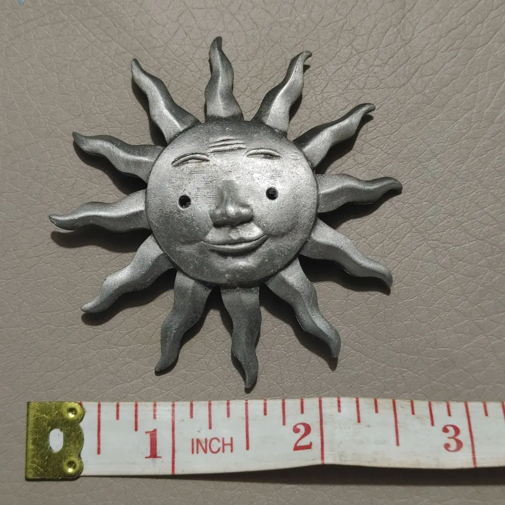 Sun Brooch Pin Vintage Pewter Smiling Unique Sunburst JJ Piece Silver - Image 3