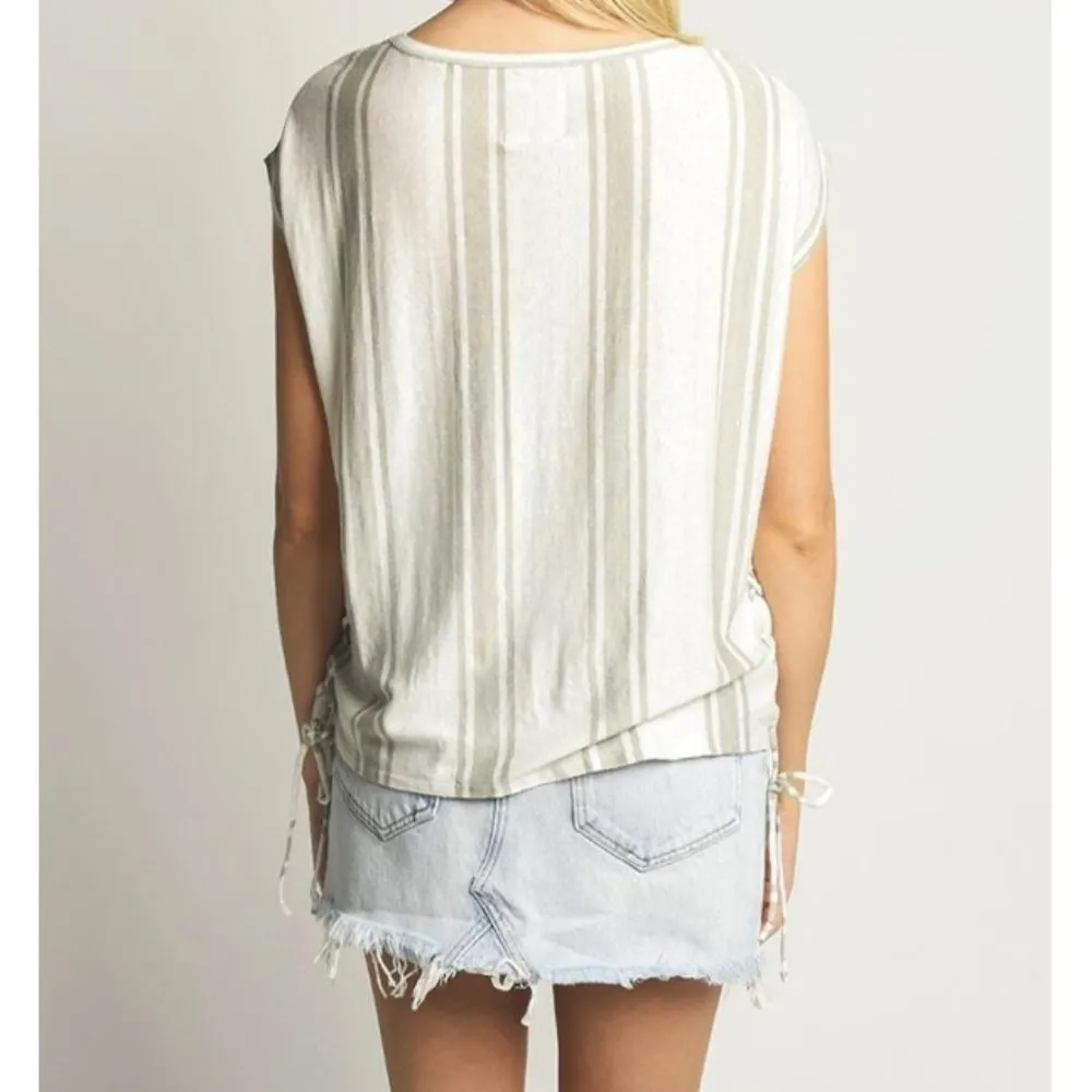 NEW Chaser Linen Striped Lace-Up Corset Dolman Short Sleeve Natural Fiber Edgy - Image 4