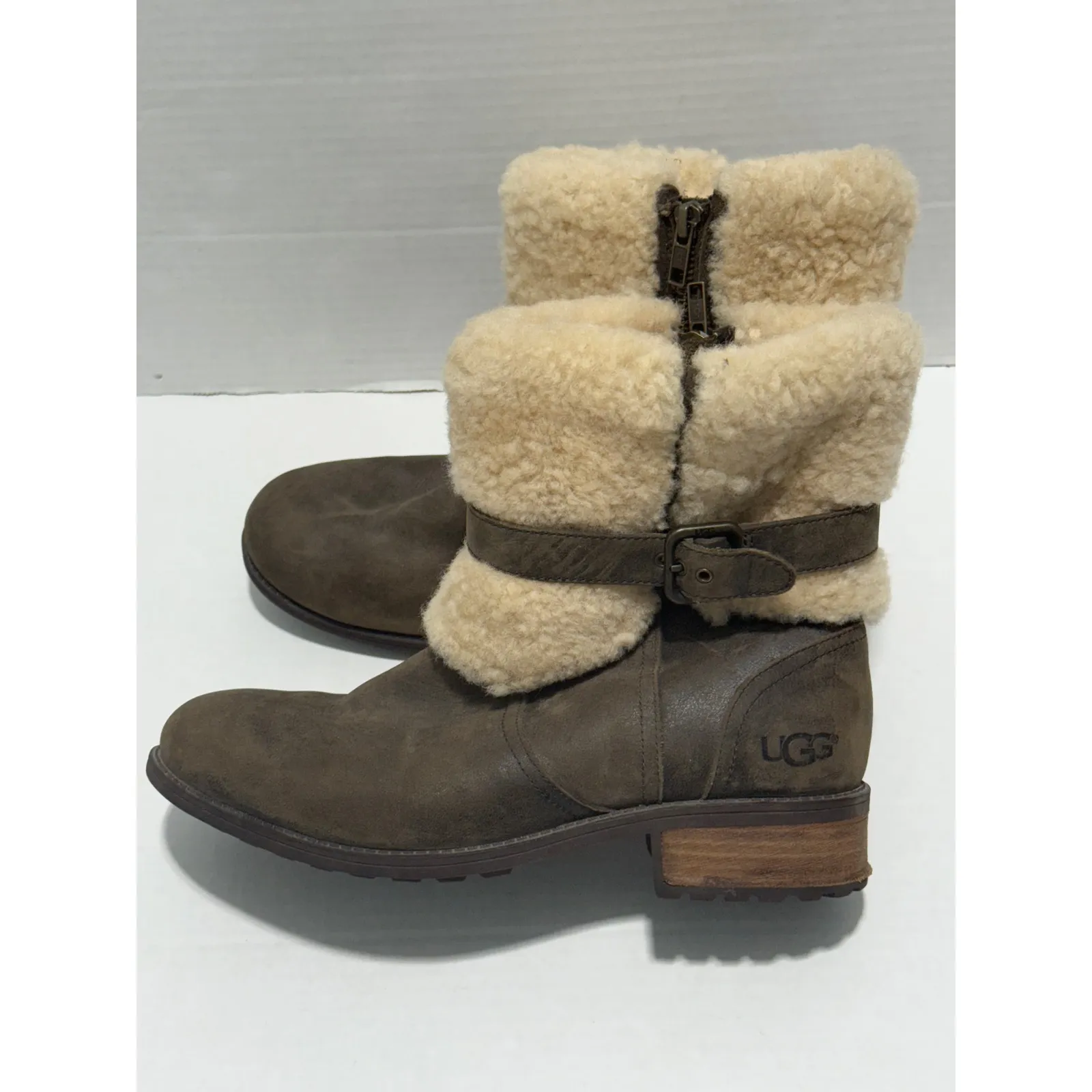 UGG Blayre Leather‎ Shearling Moto Boots Brown Buckle Ankle Winter Boots US 9.5 - Image 8