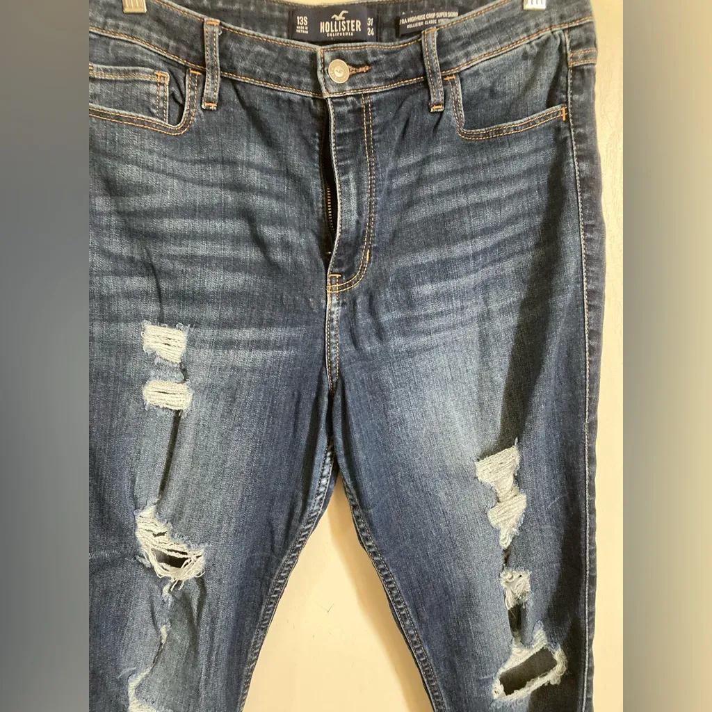 Hollister Dark Wash Ultra Hi Rise Crop Super Skinny Distressed Ripped Jeans #S - Image 5