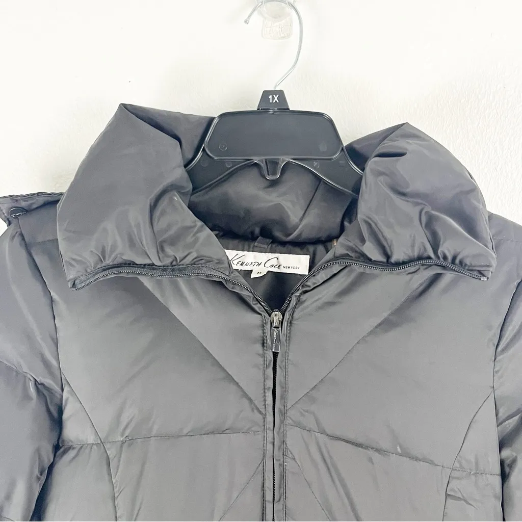 KENNETH COLE Black Down Feather Filled Faux Fur Hoodie Puffer Trench Coat Medium - Image 10