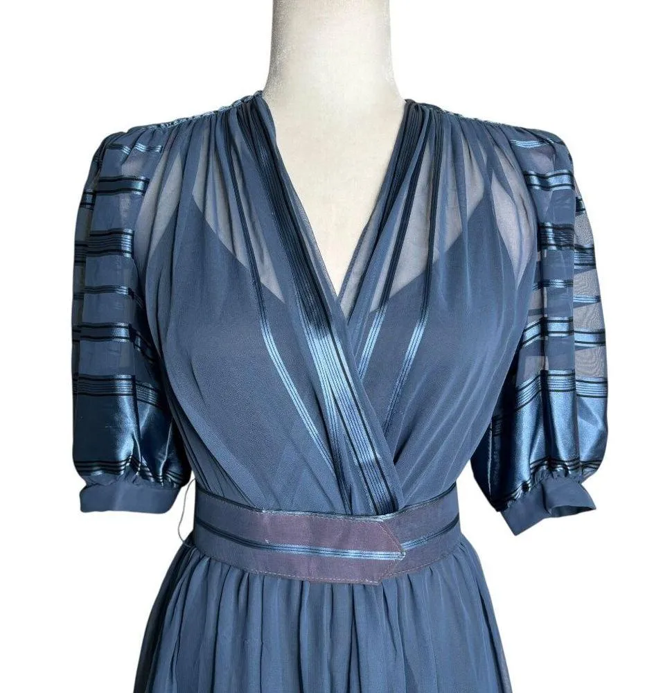 Vintage Blue Sheer Midi Dress Sz Small Metallic Striped Puff Sleeves Belted - Image 2