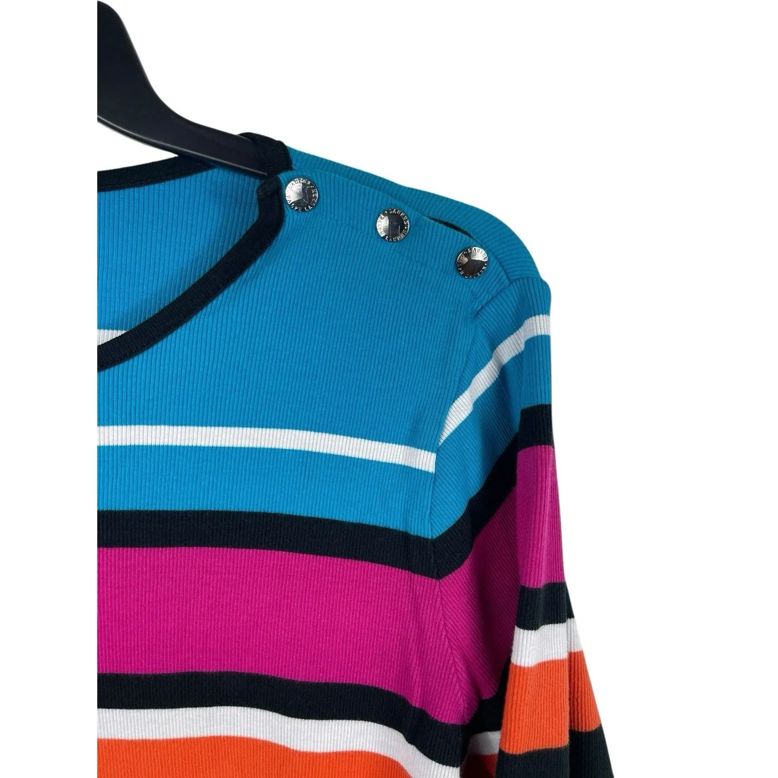 Lauren Ralph Lauren Women’s 3X Stripe Cotton Ribbed Knit Top Button Shoulder - Image 2