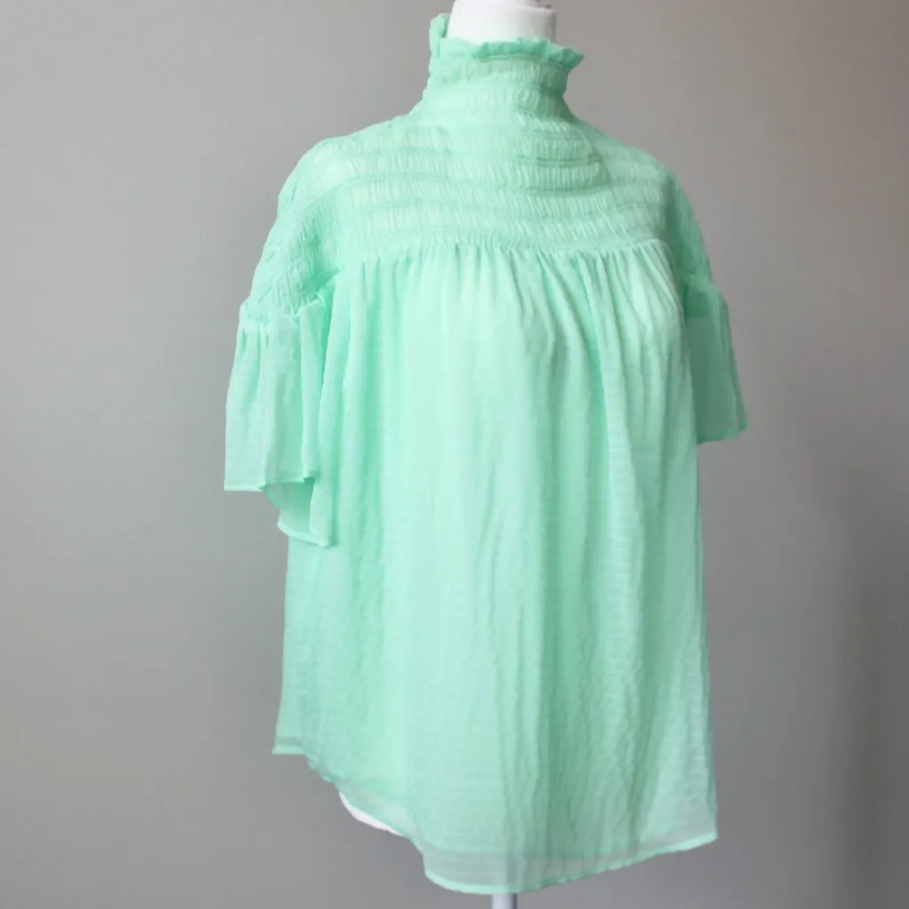 Ann Taylor Lime Green Sheer Smocked Turtleneck Flowy Blouse Top Small - Image 4