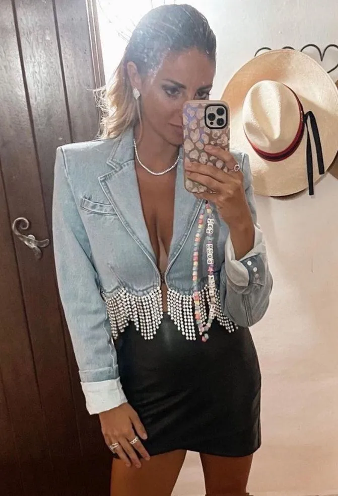 AREA Scalloped Embellished Cropped Denim Jacket in Pale Blue, Size 4, NWT Blue - Image 5