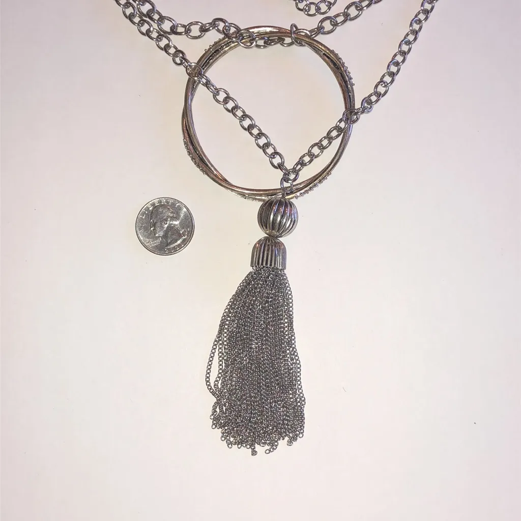 Chic Silver Tone Chunky Pendant Multi Strand Boho Tassel Necklace - Image 3