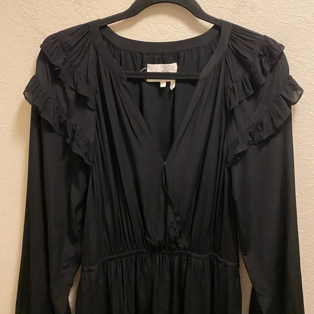 Ba&Sh Black Long Sleeve Ruffle Detail Split Neck Crossover Mini Dress Size L - Image 2