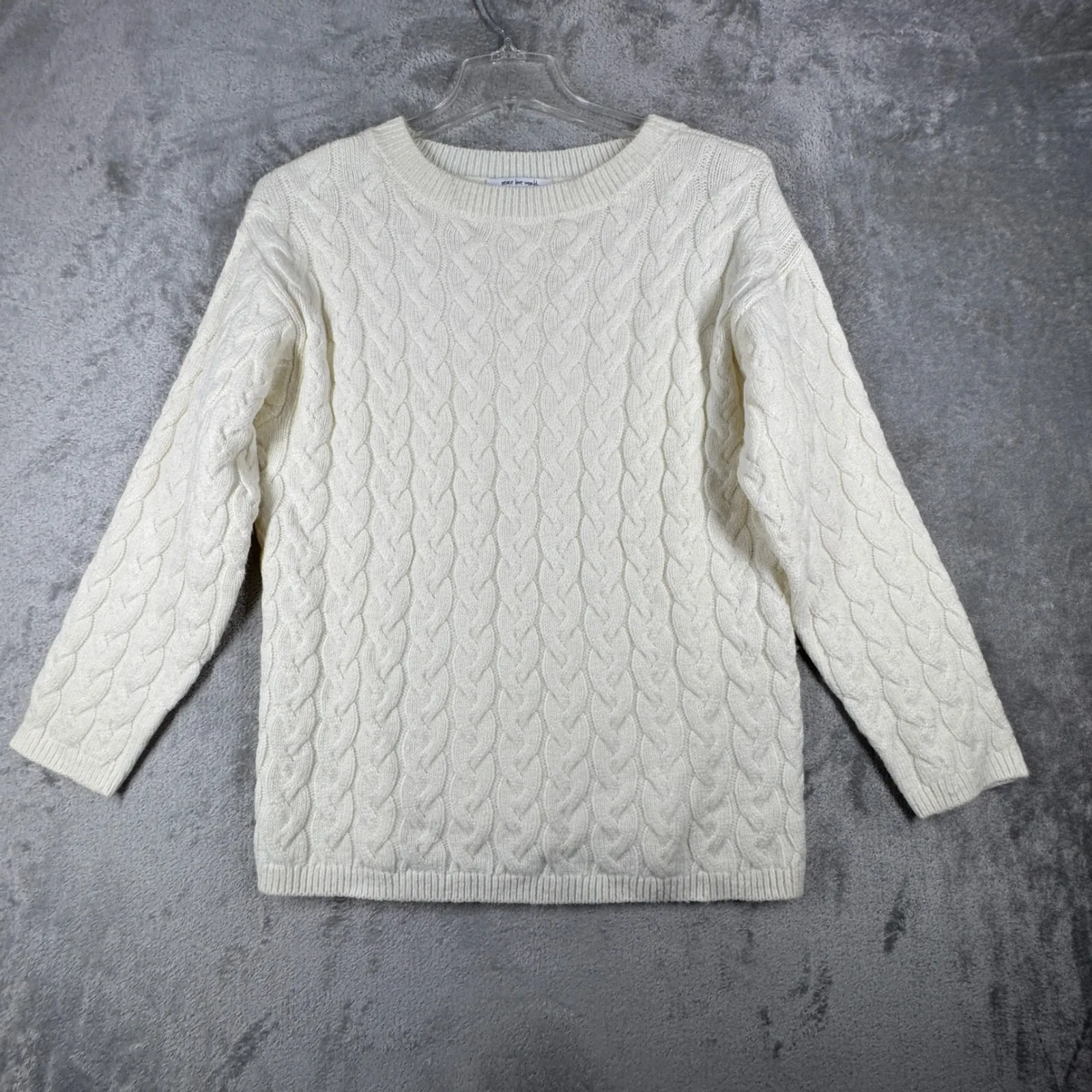 Peace Love World Sweater Cable Knit Pullover Crew Neck Warm Winter Cream XS - Image 2