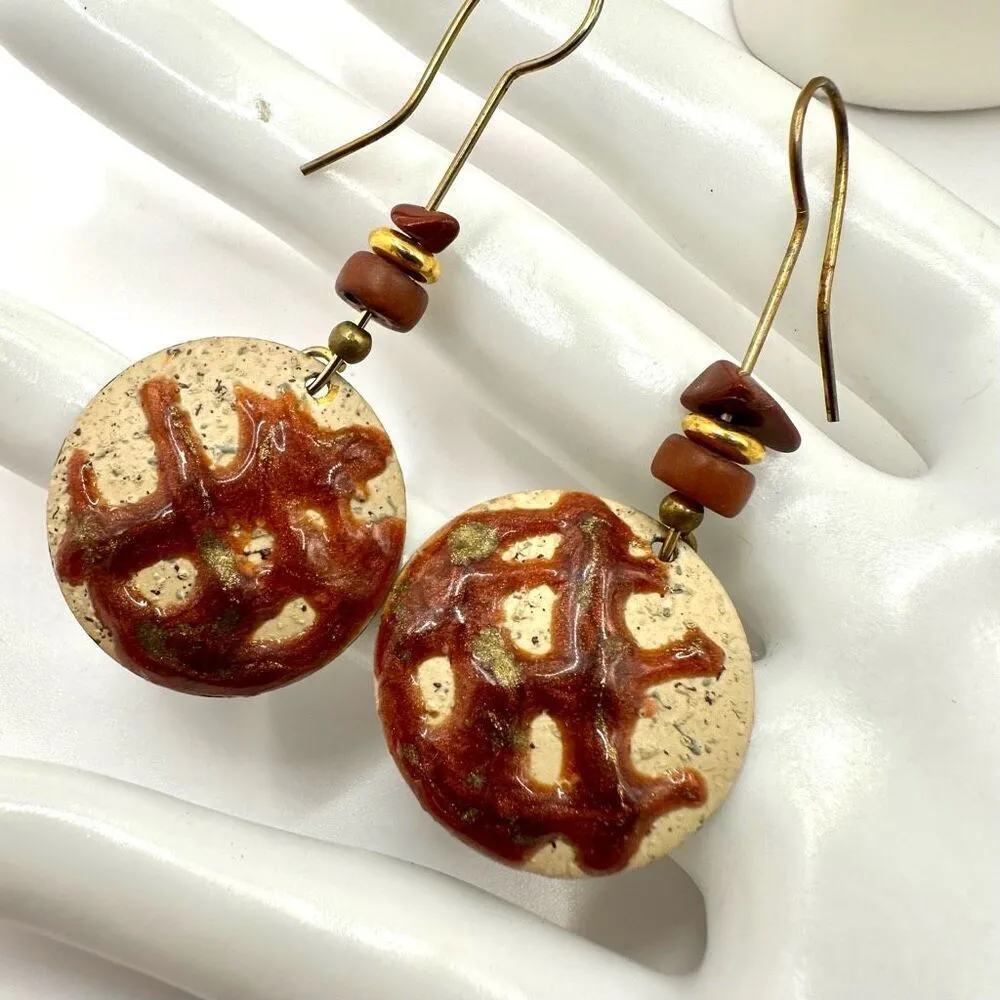 Brass hand painted stone earrings Brown - Image 3