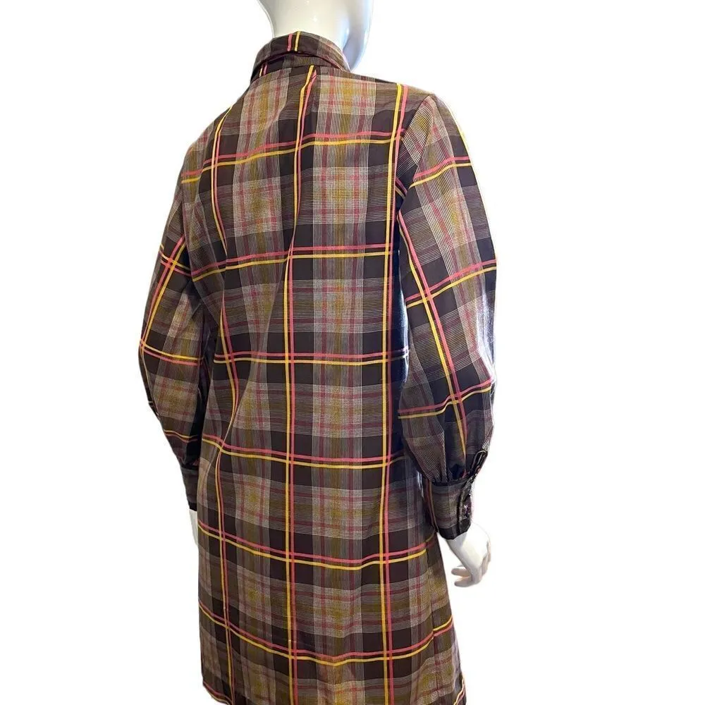 Vintage Plaid Button Down Mini Shirt Dress 1970s Medium Brown - Image 3