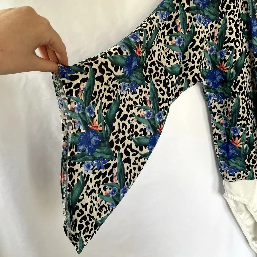 Parisian leopard print blue and orange flowers polka dotted bodysuit v - Image 4