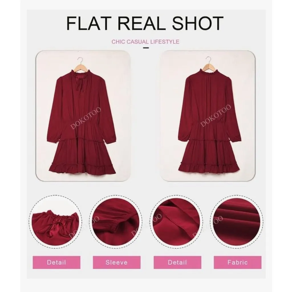 NEW Red Split V Neck Ruffle Chiffon Elegant Mini Short Skirt Dress L Size L - Image 5