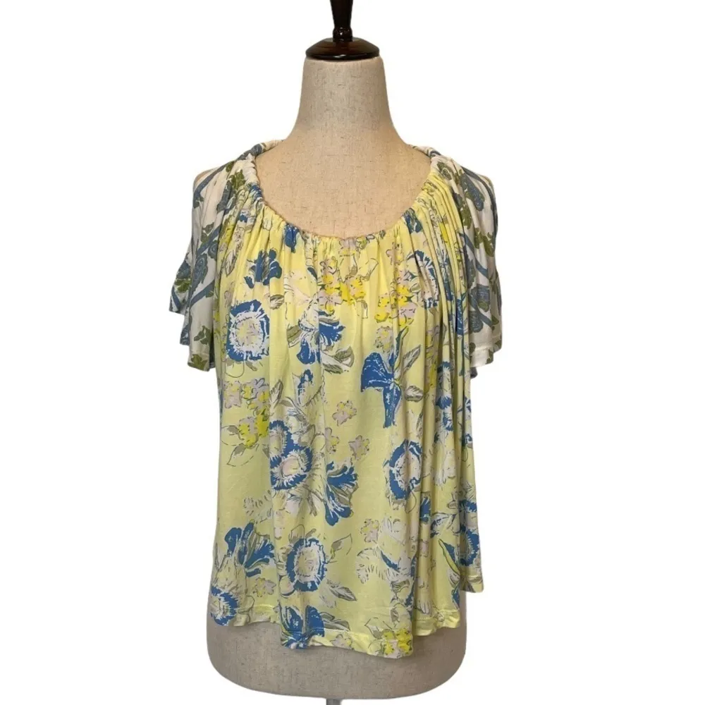 Free People Yellow Baja Babe Printed Cold Shoulder Short‎ Sleeve Top Size XS - Image 5
