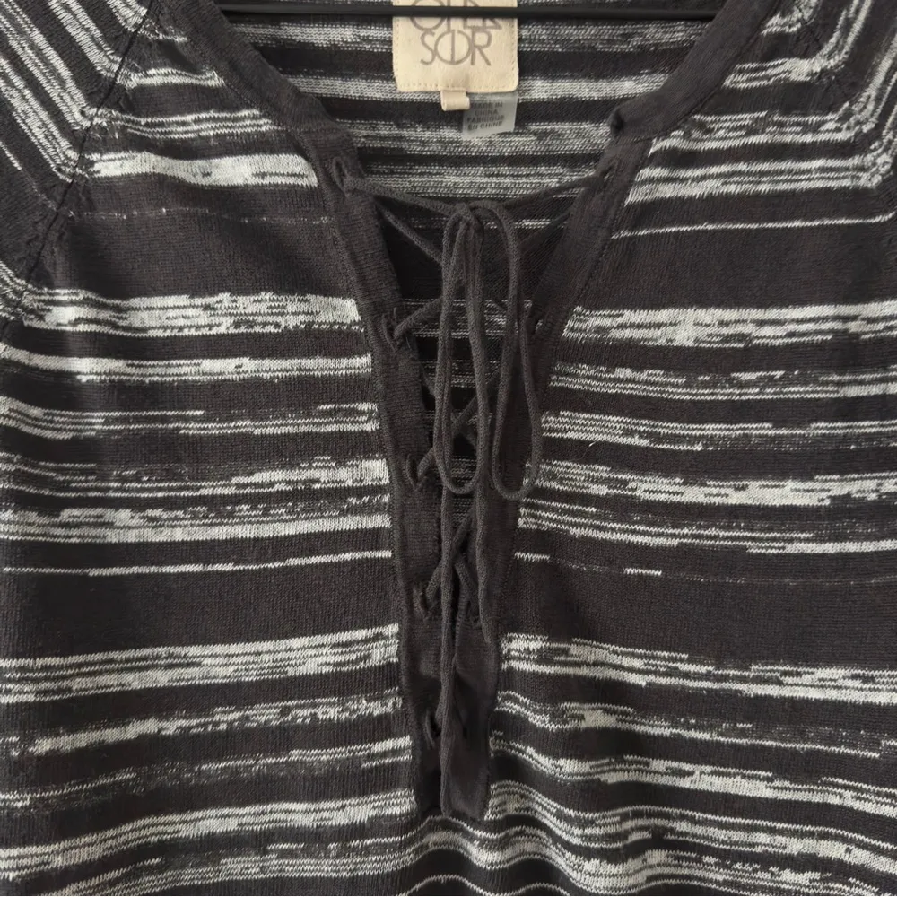Revolve Chaser 100% Linen Lace Up Black and White Striped Sweater long sleeve XS - Image 7