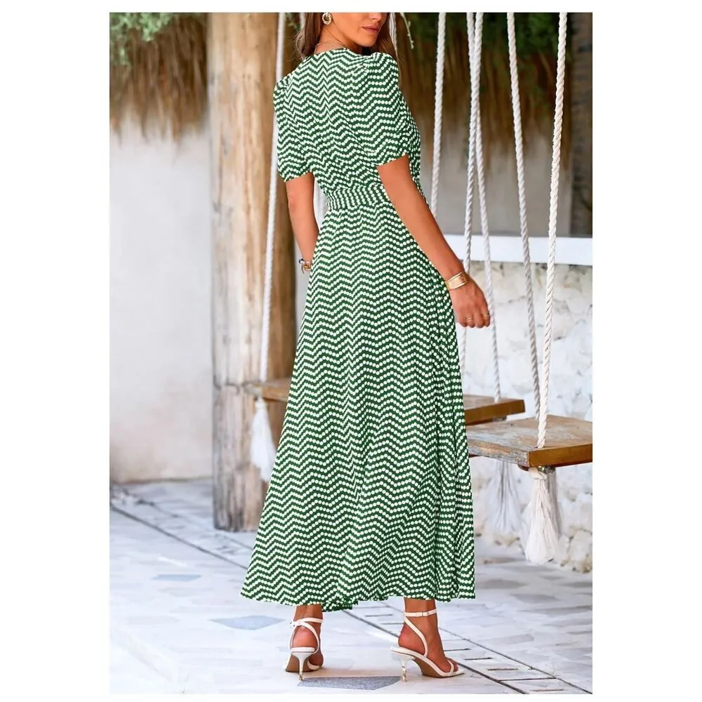 NEW Green Wrap Belted Short Sleeve Ruffle Hem Split Maxi Dress L - Image 2