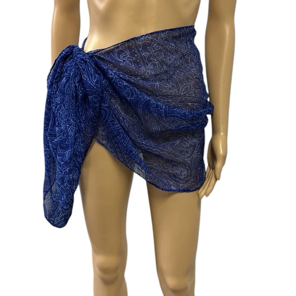 Blue Long Semi Sheer Scarf Paisley Floral Printed Sarong Wrap 19 x 65 inches - Image 2