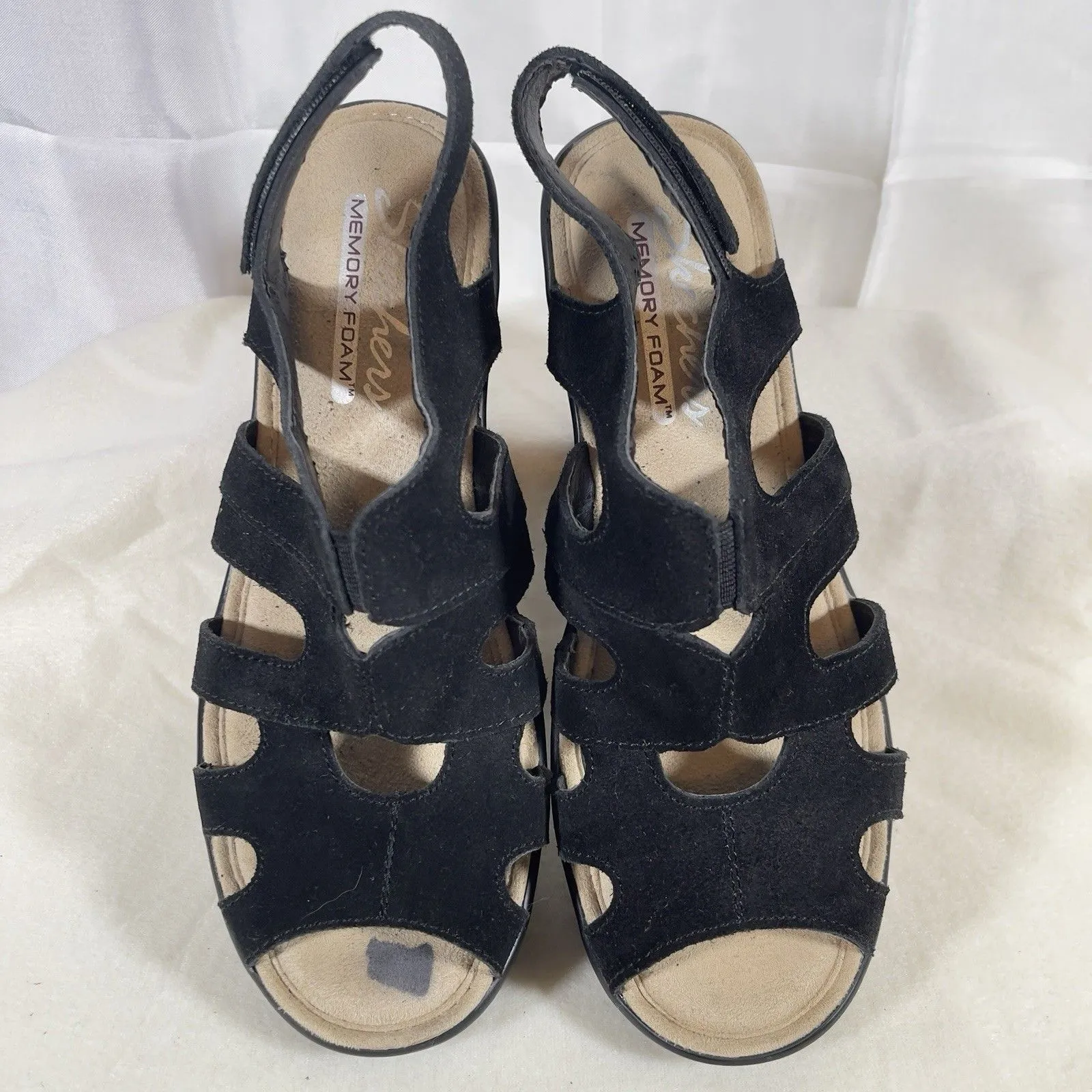 SKECHERS Slingback Wedge Sz 6 Heel Sandal Platform Chunky Black Suede Open Toe - Image 3