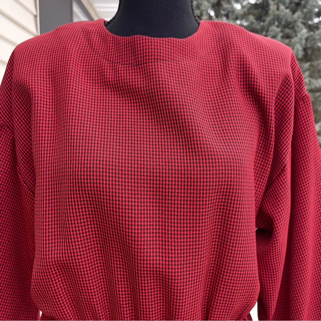 Vtg Lynn Davis Plaid Midi Tea Dress Secretary Office Red/Black 80s Modest Sz 14P Red - Image 4