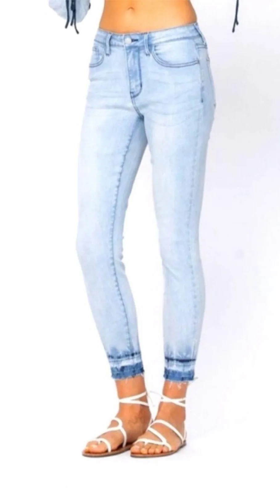 Judy Blue Mid-Rise Light Wash Denim Jeans Tie Dye Release Hem Fray Womens 24W - Image 1