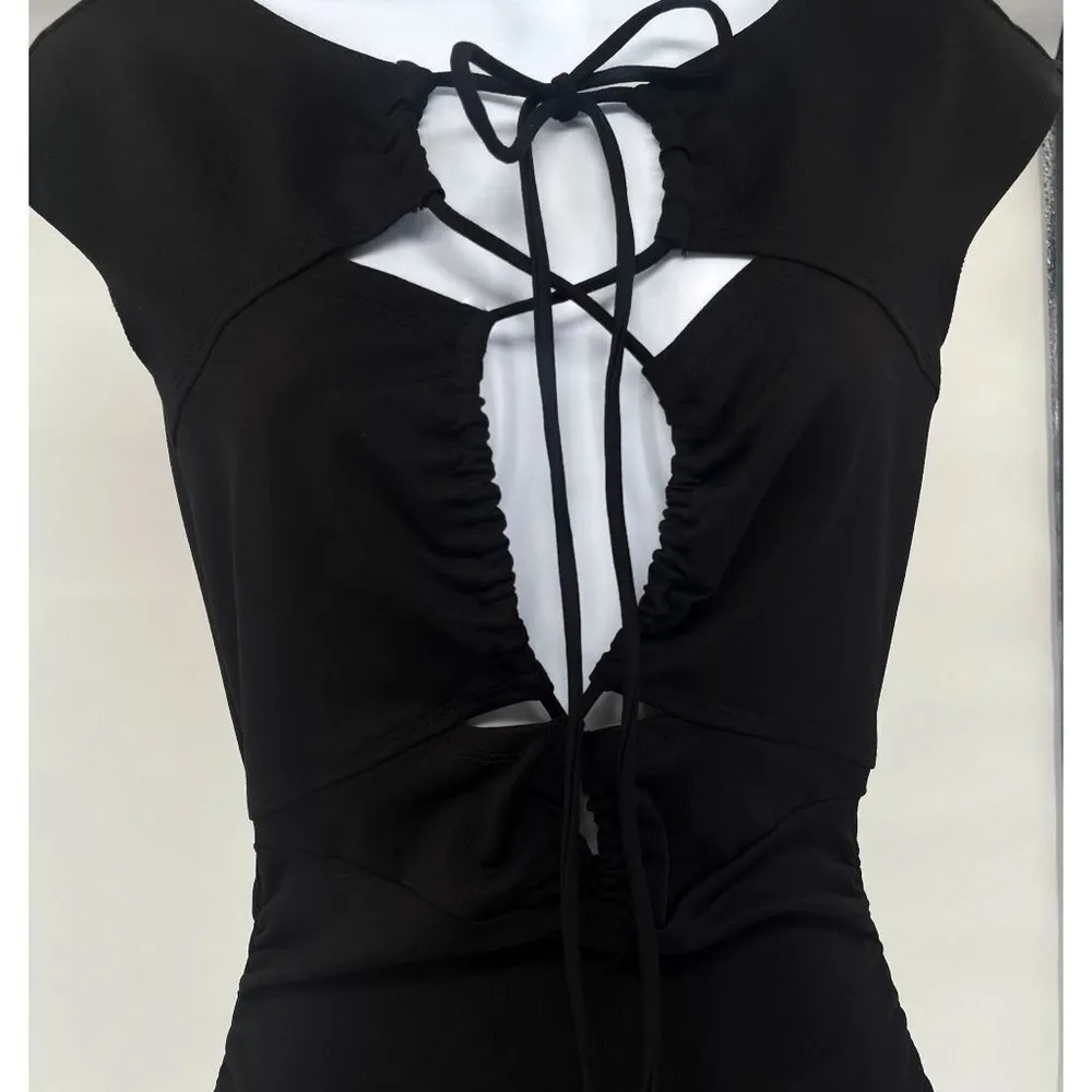 Nicole Miller Strappy Lace up Tie Cutout Ruched Mini Dress Black Small - Image 4