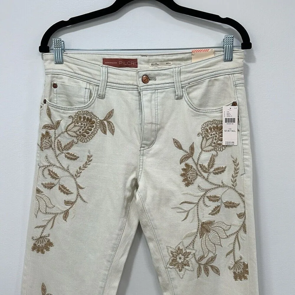 PILCRO Womens‎ Jeans 26 TALL Slim Boyfriend Cream Embroidered Floral Pants NEW - Image 5
