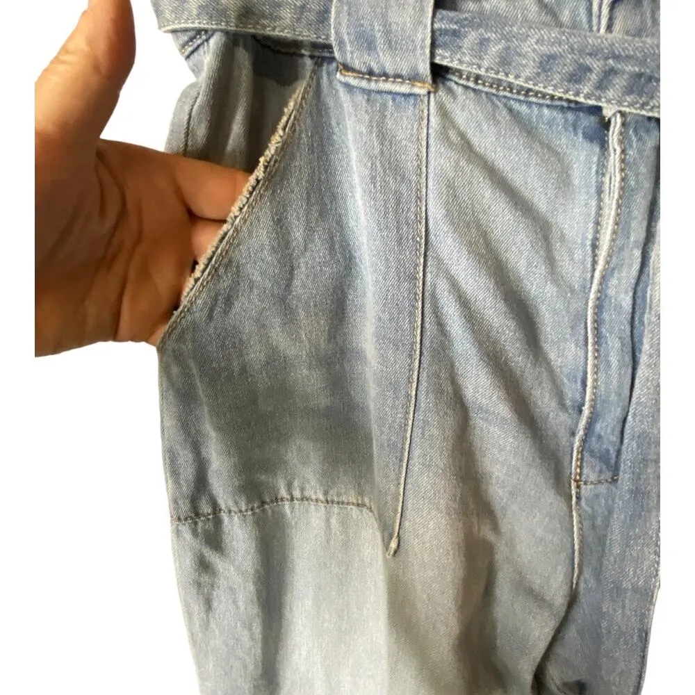 Giani Bernini Women's Size Large Paperbag Waist Chambray Denim Crop Pants Blue - Image 2