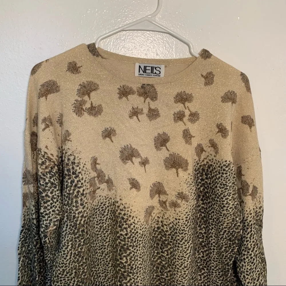 Vintage Neil’s Crewneck Sweater Animal Print Floral Tan Size XL - Image 2