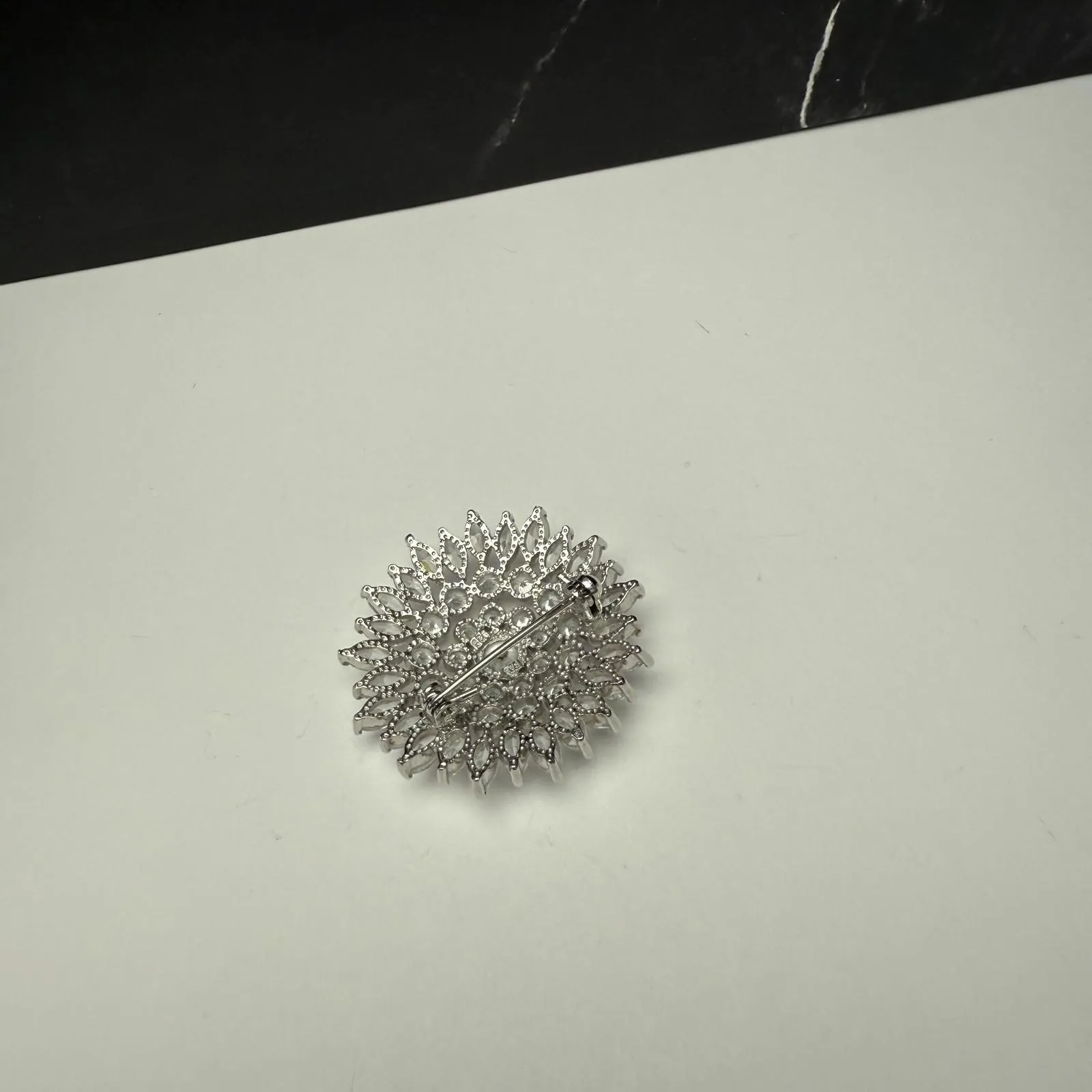 FAS CZ Cubic Zirconia Silver Tone Round Brooch Pin - Image 4