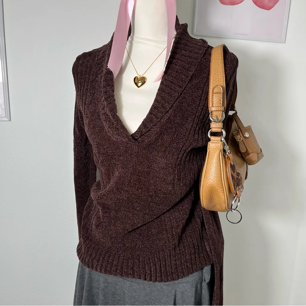 Energie Deadstock Vintage‎ Y2K Brown Chenille Shawl Neck Sweater Knit Medium - Image 2