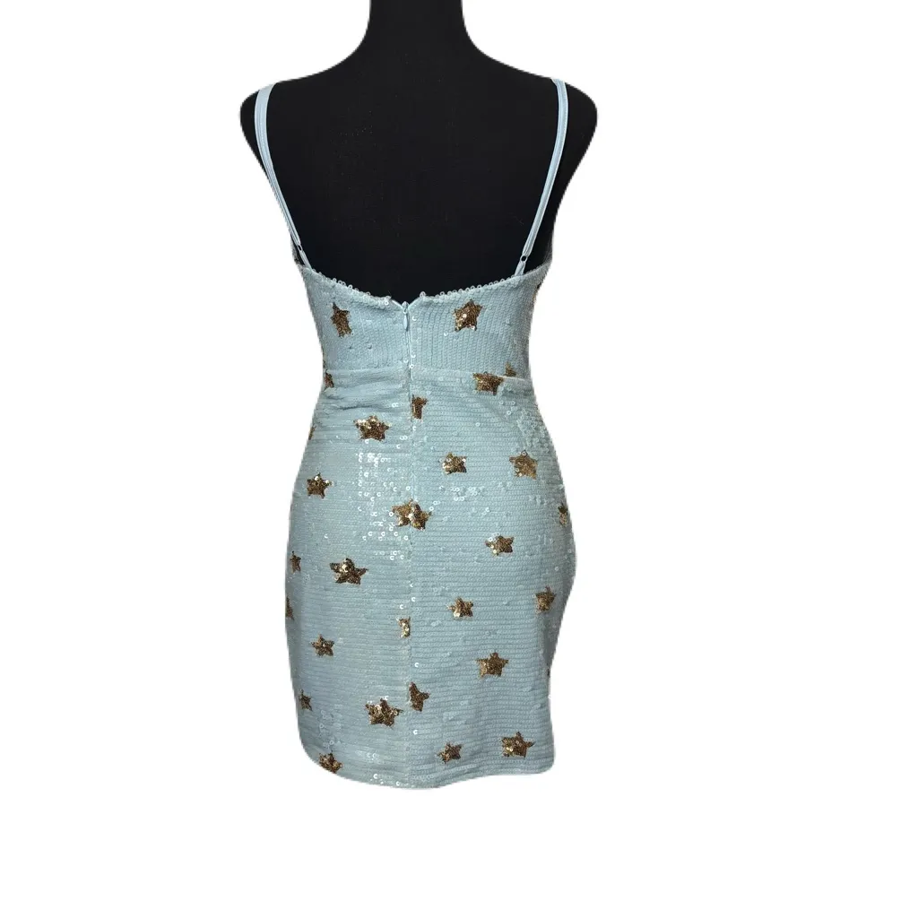 Revolve Super Down Dina Mini Dress Sz S Light Blue Gold Star Ruching @ Waist - Image 7