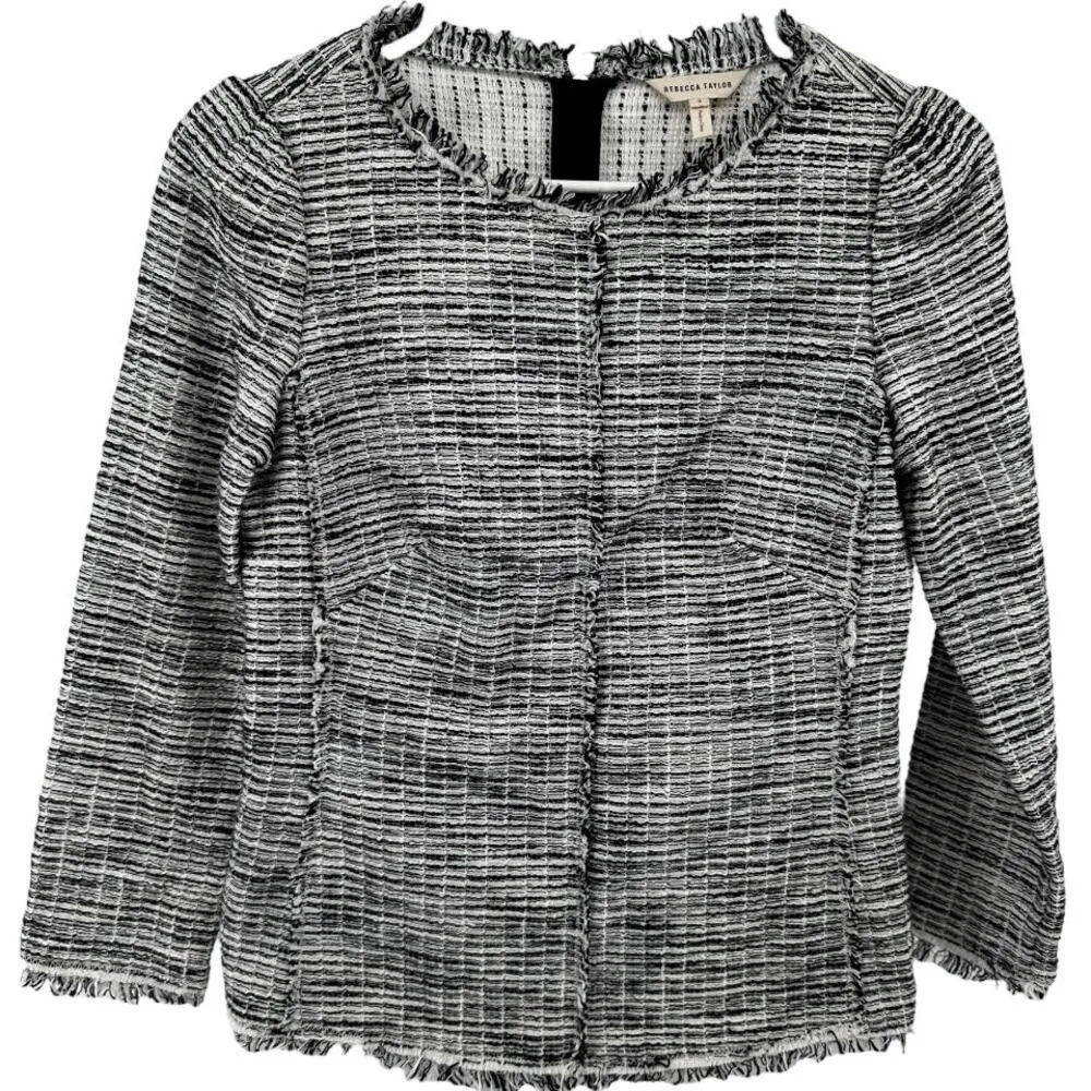 Rebecca Taylor Bouclé Tweed Top Fringe Hem Round Neck Heather Gray 2 - Image 2