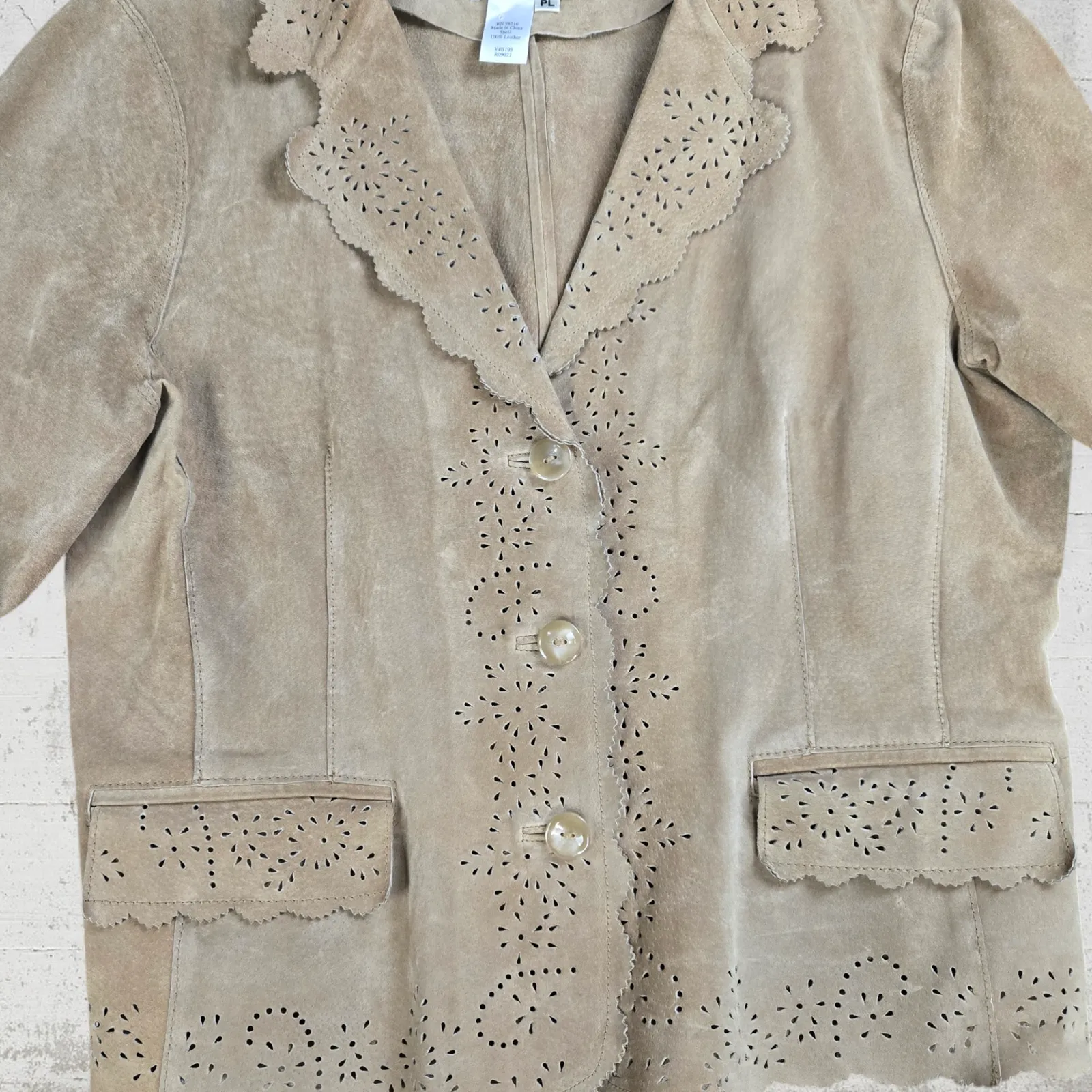 90s Vintage Tan Eyelet Lightweight Western Boho Leather Jacket Size Large Petite - Image 4