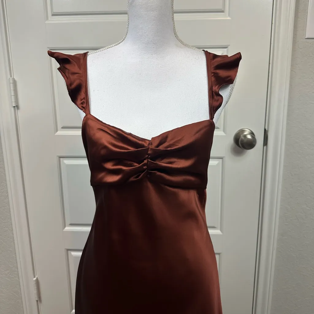 Lulus Exuberant Luxury Rust Classic Satin Ruffled Lace-Up Maxi Dress Size L NWT - Image 3