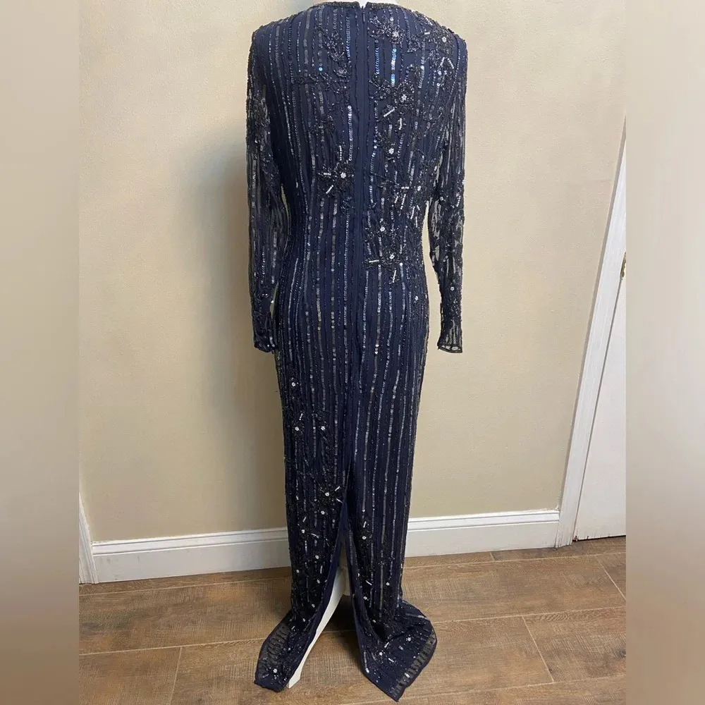 Mac Duggal sequin formal dress high neck illusion navy formal cocktail Sz‎ 8 NWT - Image 10
