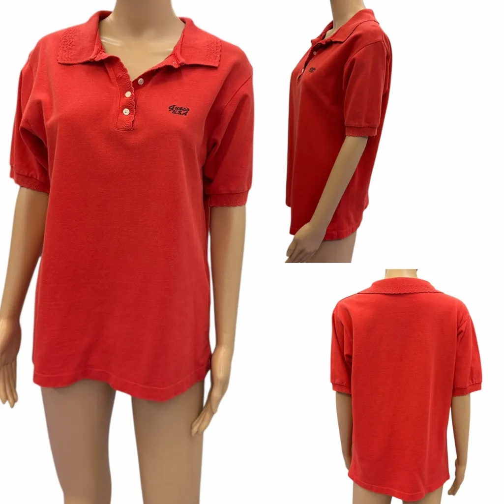 Guess George Marciano Womens Red Polo Shirt Lace Collar Cotton Medium - Image 2