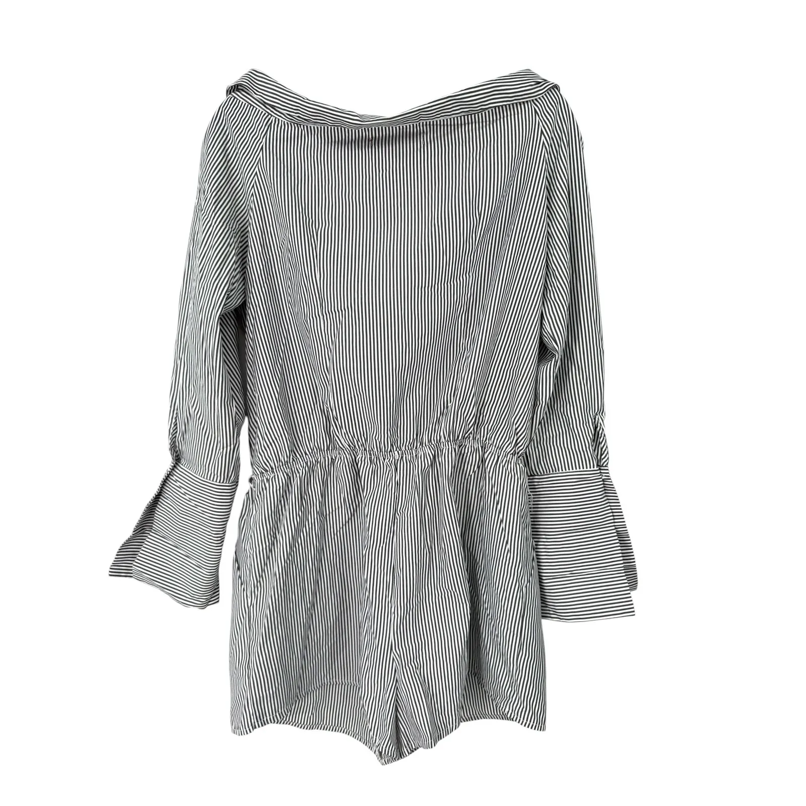 SAKS FIFTH AVENUE L Romper Short Set Off Shoulder Top PinStripe Button Up Down - Image 10