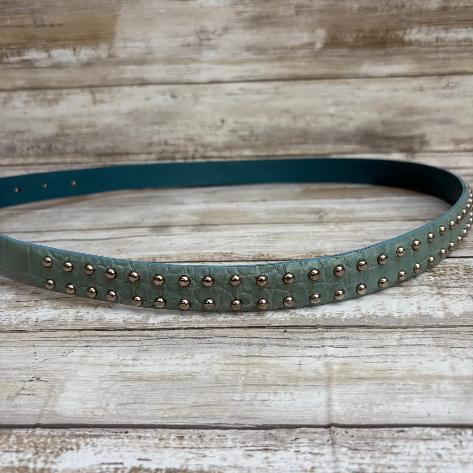 IZOD Leather Belt Sz XL Blue Studded Embossed Western Boho Cowgirl 36” - Image 6