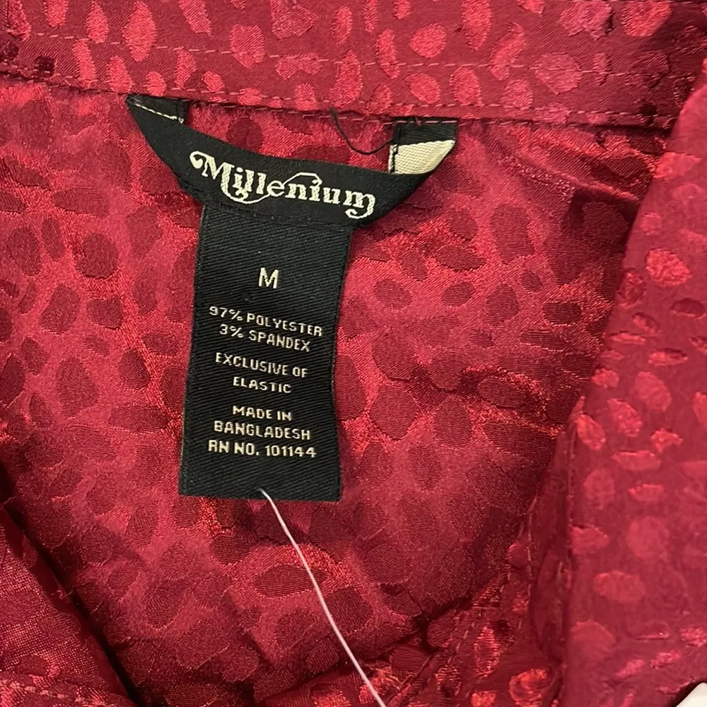 NWT Millennium Red Silky Short Sleeve Elastic Tie Waist Midi Dress Size Medium - Image 8