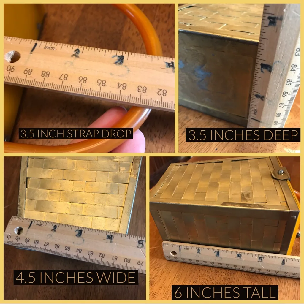 VINTAGE 1950'S GOLD METAL BASKET WEAVE AND CARAMEL CELLULOID TOP BOX CASE - Image 15