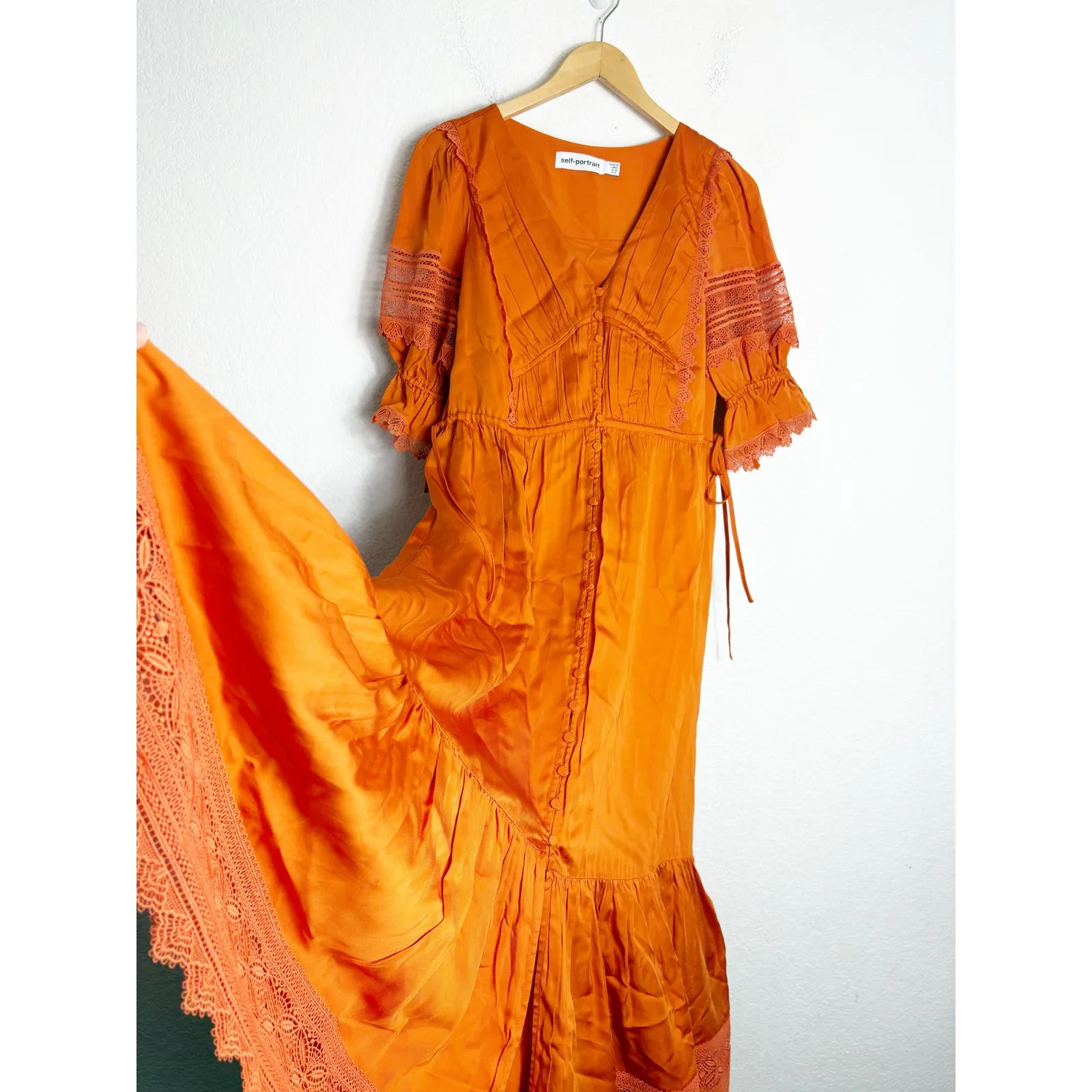 Self Portrait Lace-Trimmed Satin-Twill Midi Dress Size 6 Orange Ruffle - Image 11