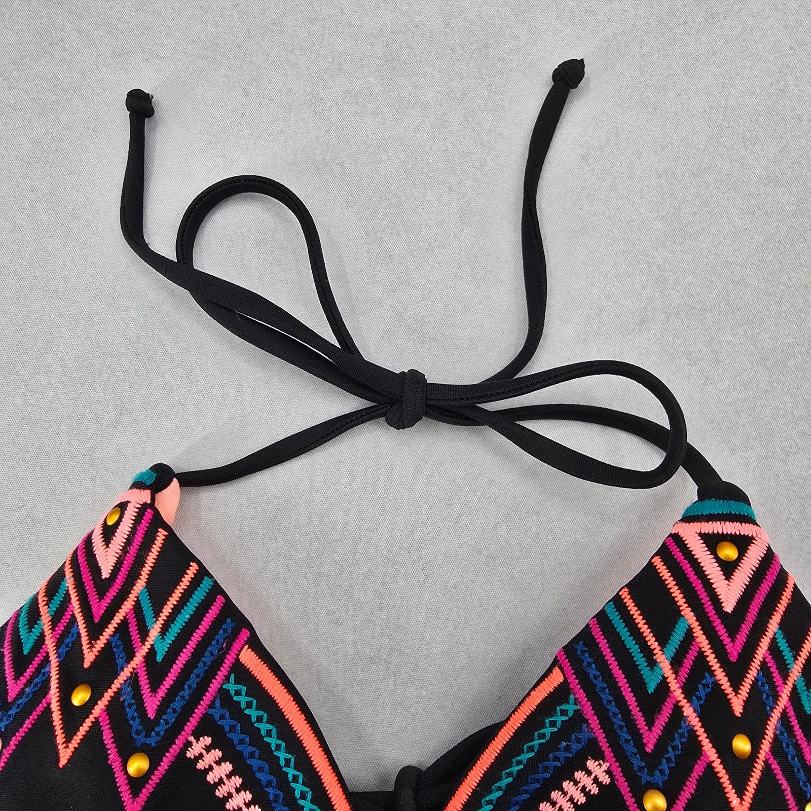Black Embroidered Stud Padded Tie Beach Sports Bikini Bralette Swim‎ Top S Small - Image 4