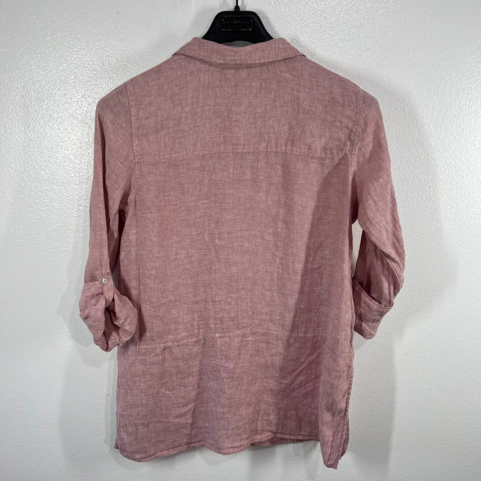 Tahari Essentials Pink 100% Linen Button Front Roll-Tab Blouse Top Womens‎ Large - Image 3