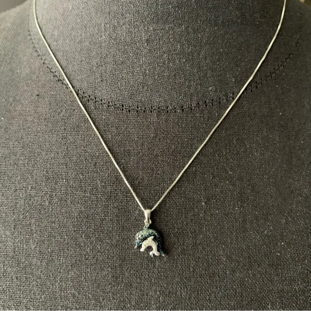 Blue And White Diamond Two Dolphin Pendant Necklace Sterling Silver 925 SUN 20” - Image 11
