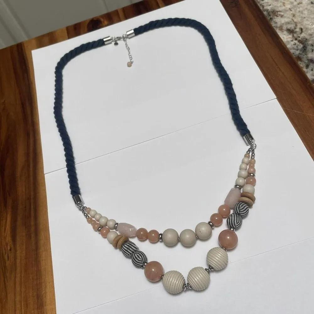 Signed LOFT Beaded Necklace Blue Cloth Rope With Neutral Beads - Image 5