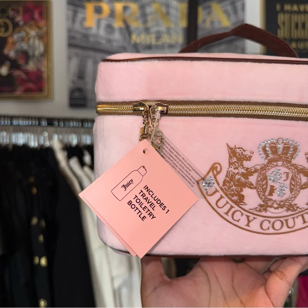 Juicy Couture Pink Velour Travel Cosmetic Bag With Rhinestone Crest - Image 7
