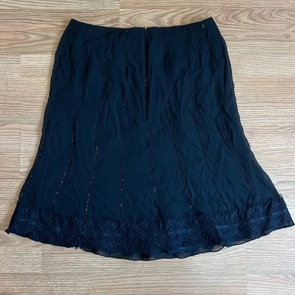 Carmen Marc Valvo Black Midi Skirt with Lace Hem and Pinstripe Beading - Image 7