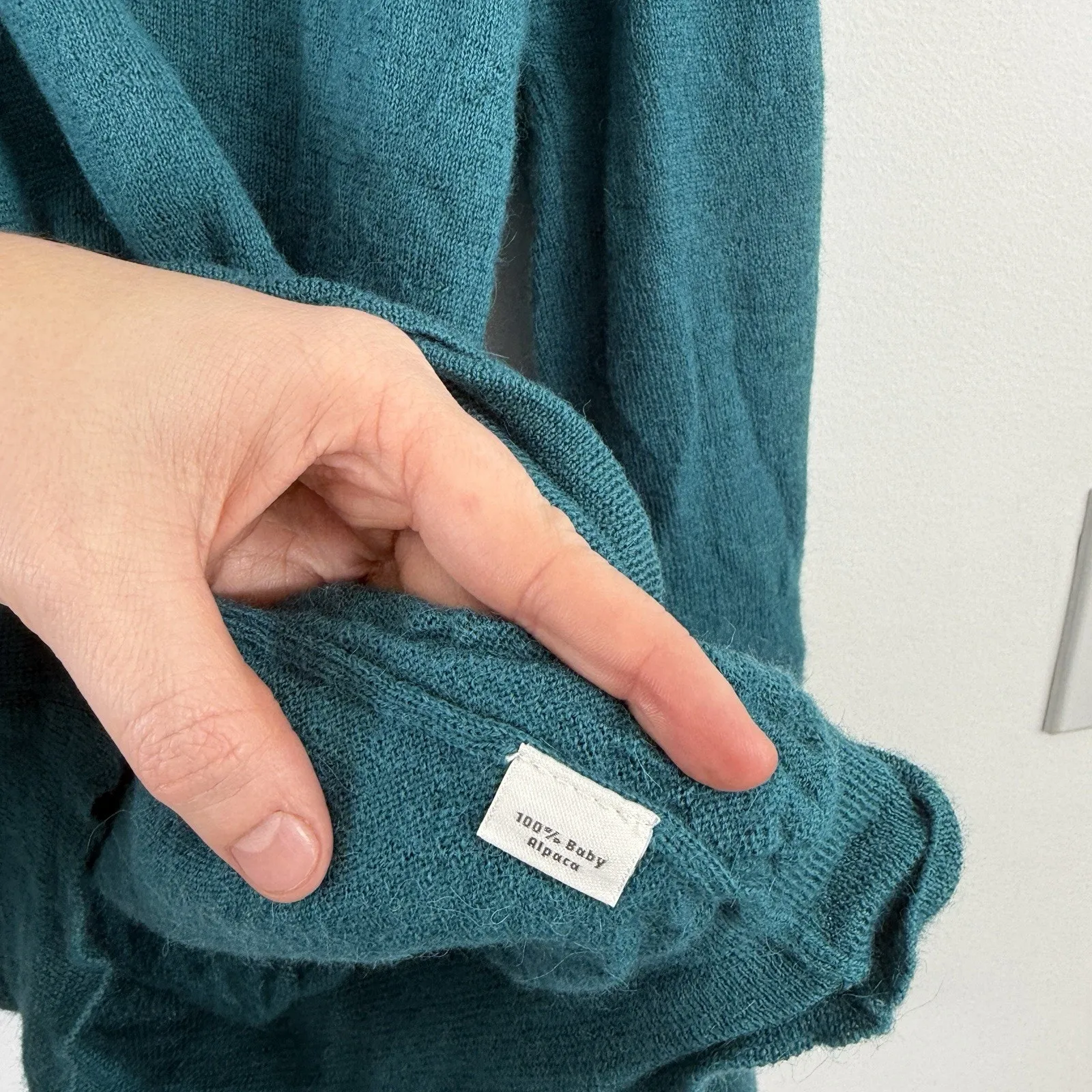 SOL 100% Baby Alpaca Sweater Teal Green Knit Pullover Peru Womens Medium Blue - Image 4