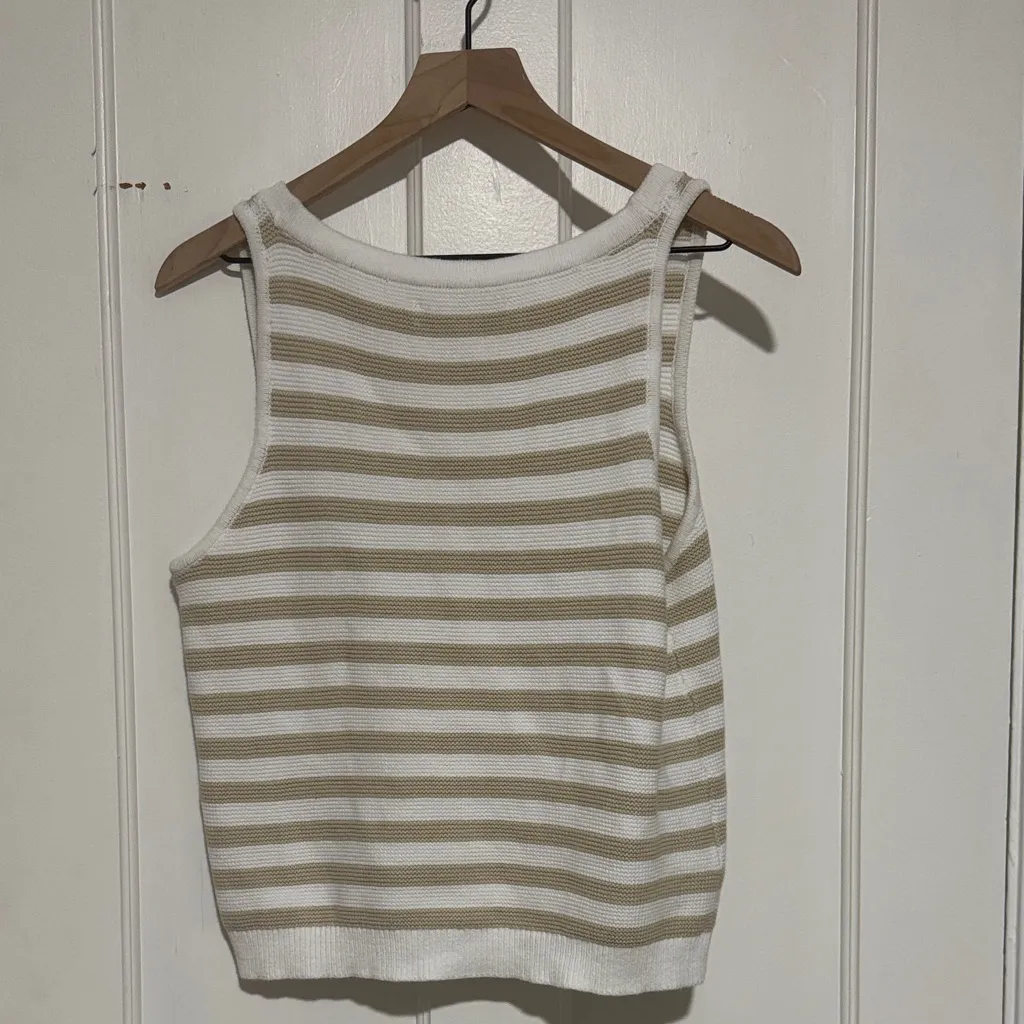 LOFT Tan and White Striped Button-Up Tank Top - Image 3