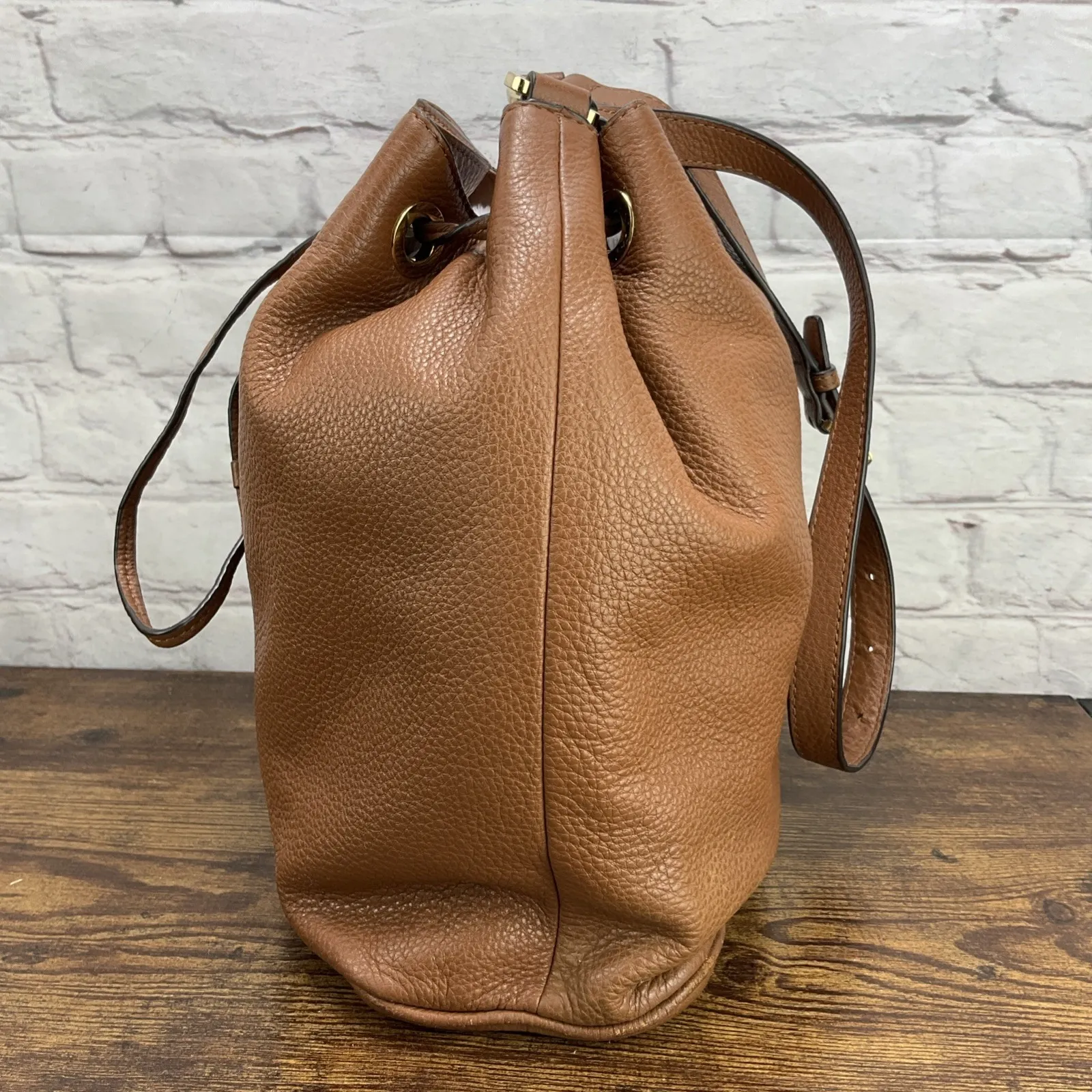 Michael Kores Large Jules Drawstring Deep Pebbled Leather Handbag In Luggage - Image 4