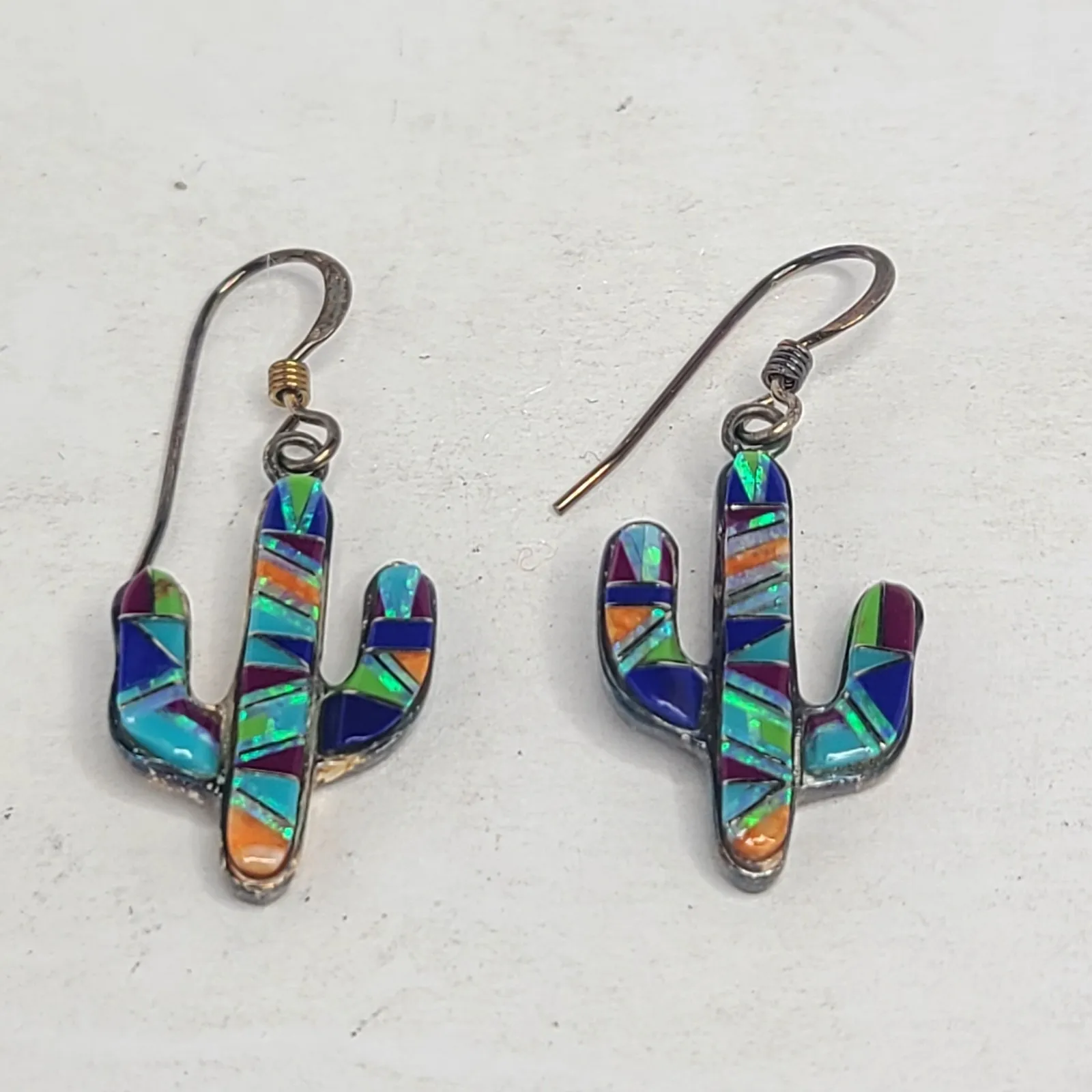 Saguaro Sterling Silver Cactus Multicolor Stone Inlay Pierced Dangle Earrings‎ - Image 3